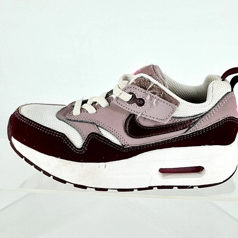 Nike Air Max 1 Girls Size 11C‎ 11 C Sneakers Easy On White Burgundy Pink Kids
